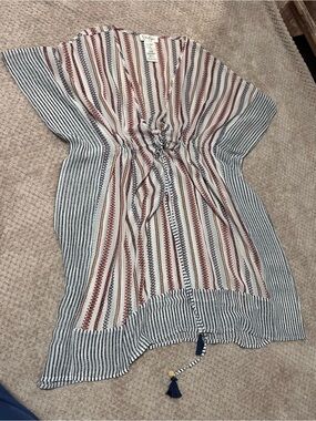Jessica Simpson Striped Drawstring Coverup - Red, Navy & Cream